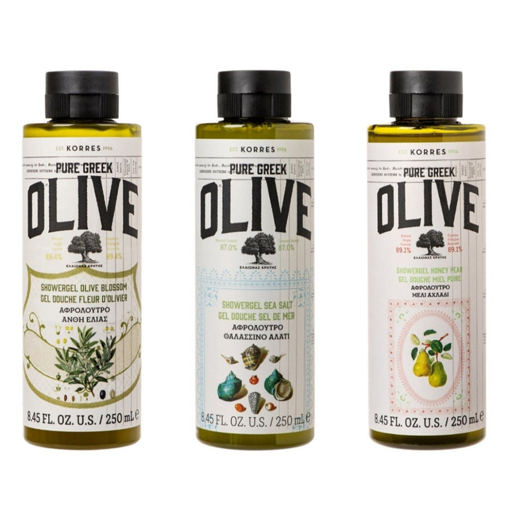 KORRES Pure Greek Olive Shower Gel Trio: Sea Salt, Honey Pear & Olive Blossom